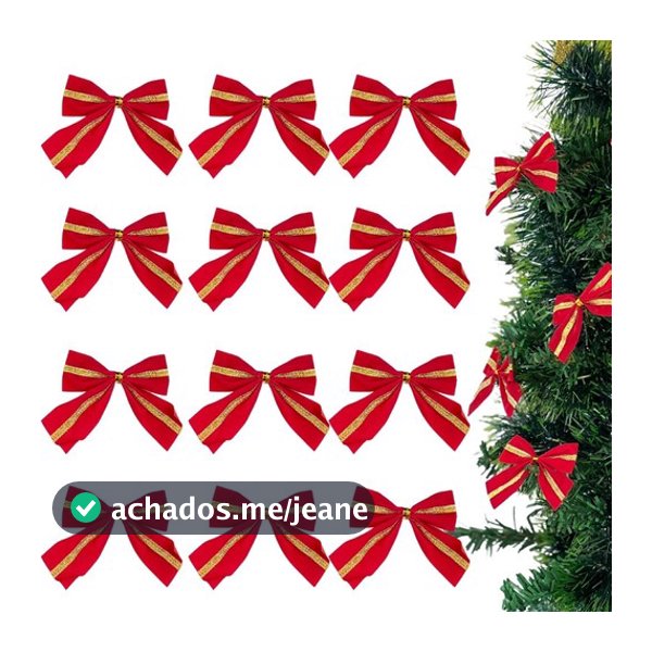 Kit Enfeites De Natal 12 Laços Para Decorar Árvore Natalina Veludo Vermelho Com Dourado