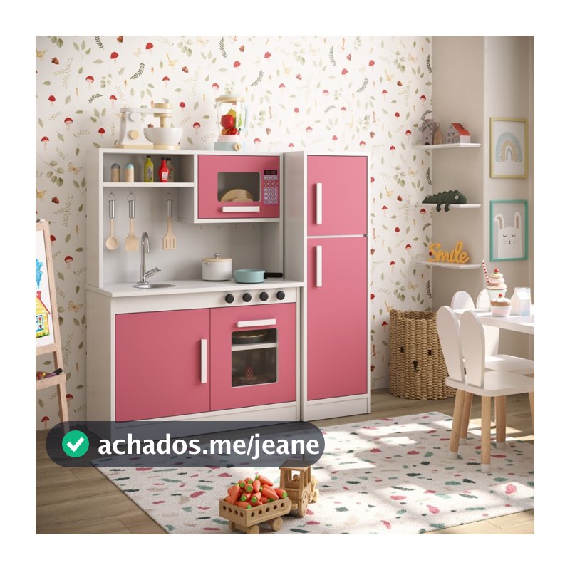 Mini Cozinha Infantil Encantada Completa Com Forno Geladeira e Micro - Ondas Rosa