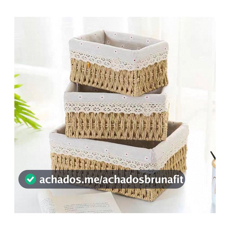 Kit com 3 Cestos de Palha Organizador Multiuso Cesta Organizadora Revestida em Tecido Forro em Renda Decoração