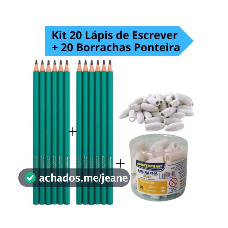 Kit 20 Lápis de Escrever HB N°2 Sextavado + 20 Borrachas Ponteira Desenho Escolar