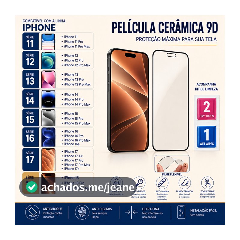 Película 9D Cerâmica para iPhone 11 12 13 14 15 16 17 18 Pro Max | Protetor de Tela Flexível Anti-Risco