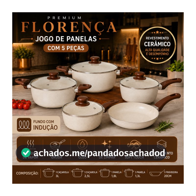 Conjunto de Panelas Florença Vanilla 5 Peças Antiaderente com Tampa de Vidro Indução Cozinha