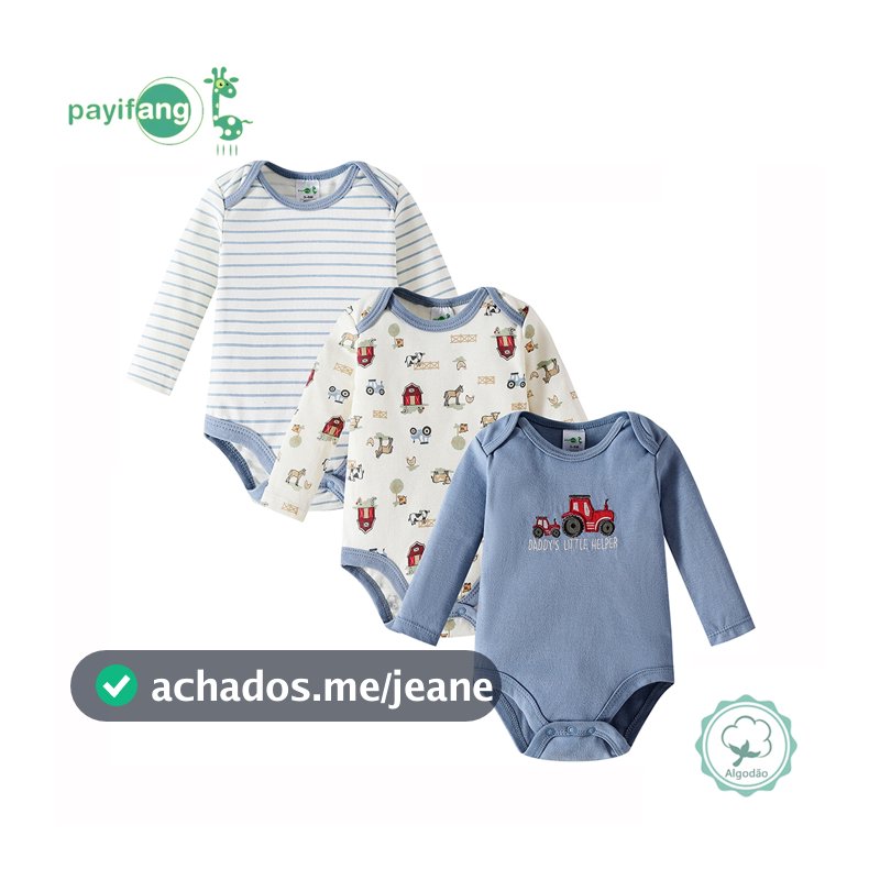 Conjunto com três bodies de manga longa para bebê, composto por 60% algodão e 40% poliéster, macio e confortável