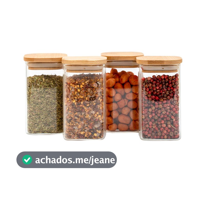 Kit 4 potes de vidro 250ml tampa de bambu herméticos quadrados - Tüd