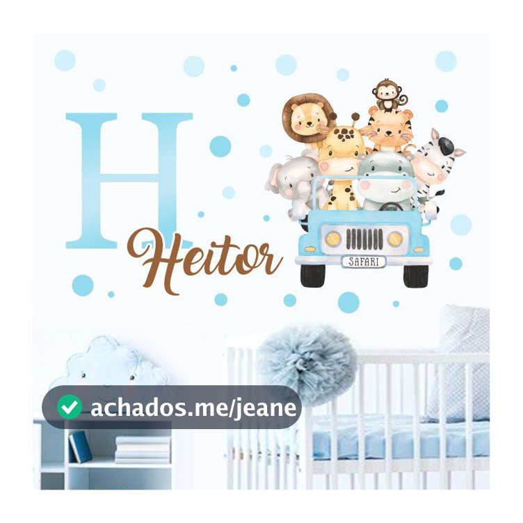 Kit Adesivo Decorativo Carro Safari Aquarela + Bolinhas Azul Quarto Infantil Nome