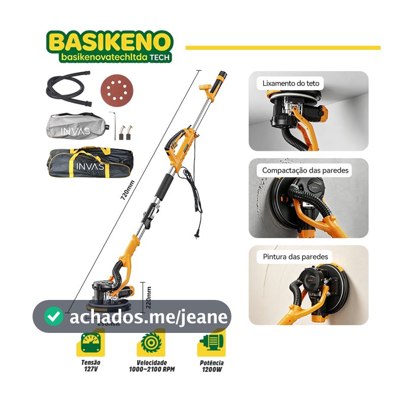 Lixadeira Elétrica Telescópica Parede Teto 1200w Bivolt Profissional Multifuncional Com LED e Saco Coletor 9 Lixas