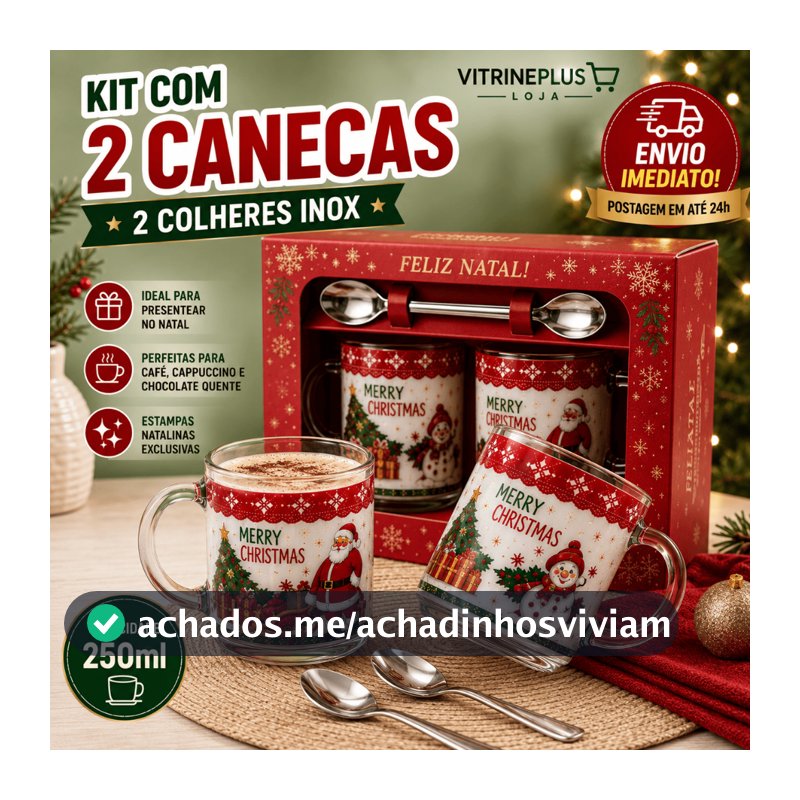 Kit Presente Natal  2 Canecas de Vidro 250ml e 2 Colheres Inox Estampas Natalinas