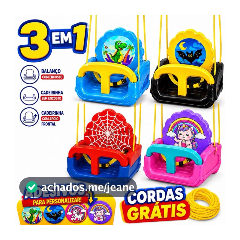 Balanço Infantil 3 em 1 Premium Resistênte Adesivos + Cordas Grátis