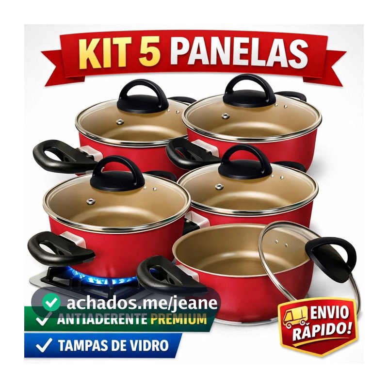 Jogo de Panelas Antiaderente 5 Peças com Tampa de Vidro | Não Gruda | Cozinha Moderna