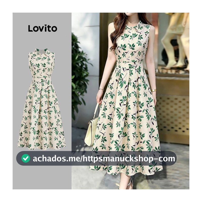 Lovito Plissada Elegante Vestido com Botões Frontais e Flores Pregas para Mulheres primavera/verão L184ED839
