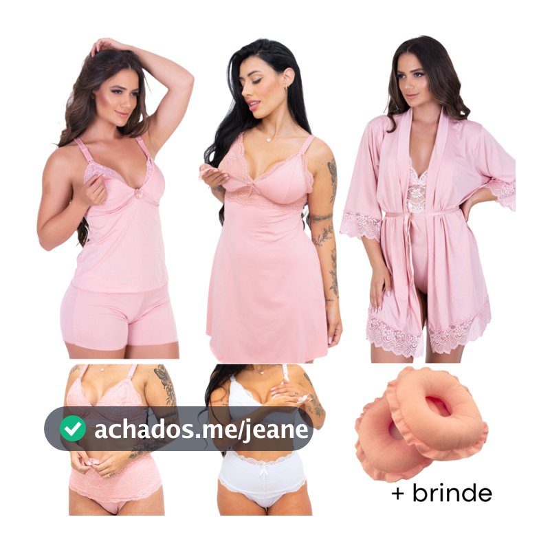 Kit Pós Parto, Short Doll e Camisola, Sutiã e Calcinha de Amamentação Robe e Protetor de Seios