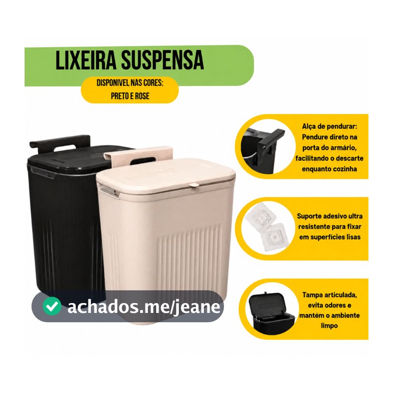 Lixeira Suspensa Balde de Lixo 9 Litros com Adesivo e Alça para Pedurar Rose e Preto ou rodo pia  Arqplast Toy 25956