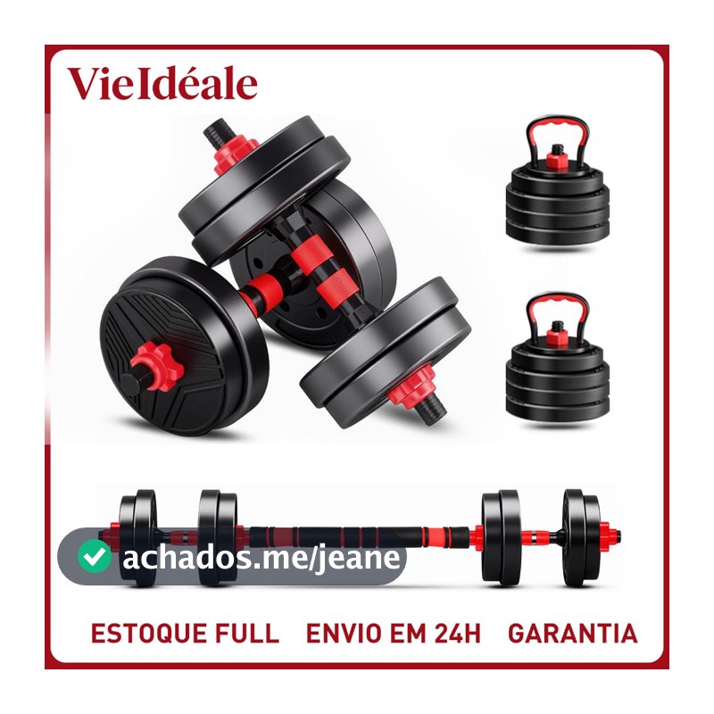 Kit 6 Em 1 Musculação 15kg Halteres Anilhas Barras Kettlebell Ajustáveis Academia Treino em Casa