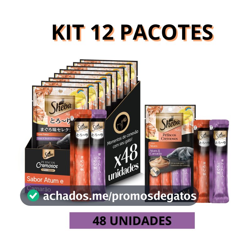 Churu Snack Sheba Cremoso Atum e Camarão para Gatos kit 12 pacotes total 48 un