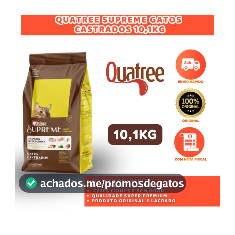 QUATREE SUPREME GATOS CASTRADOS FRANGO E BATATA DOCE 10,1KG NUTRIÇÃO COMPLETA