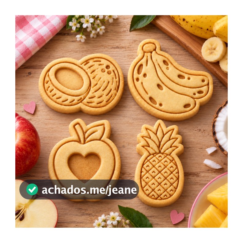 Kit Carimbos + Cortadores Biscoitos Frutas, Coco, Banana, Maça, Abacaxi, Pasta Americana, Biscuit