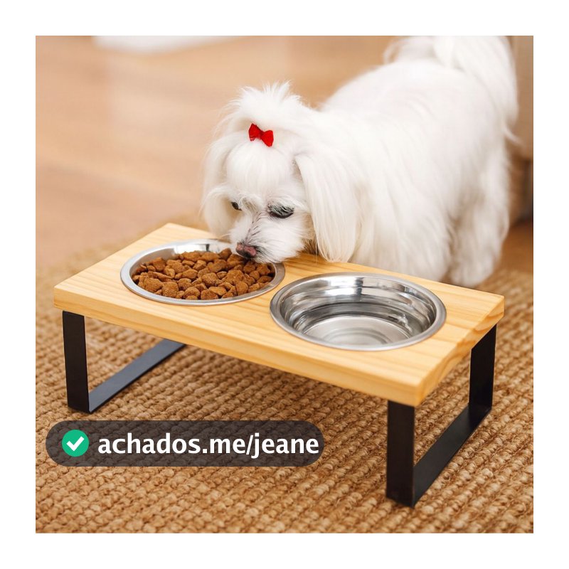 Comedouro Elevado Duplo P Mádela para Cães e Gatos em Madeira com tigelas Inox - Ergonômico