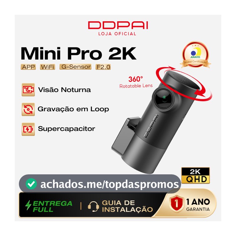 DDPAI Mini Pro Uber Câmera Veicular 2K Ângulo de 140° Dash Cam Wi-Fi Visão Noturna Monitoramento 24h