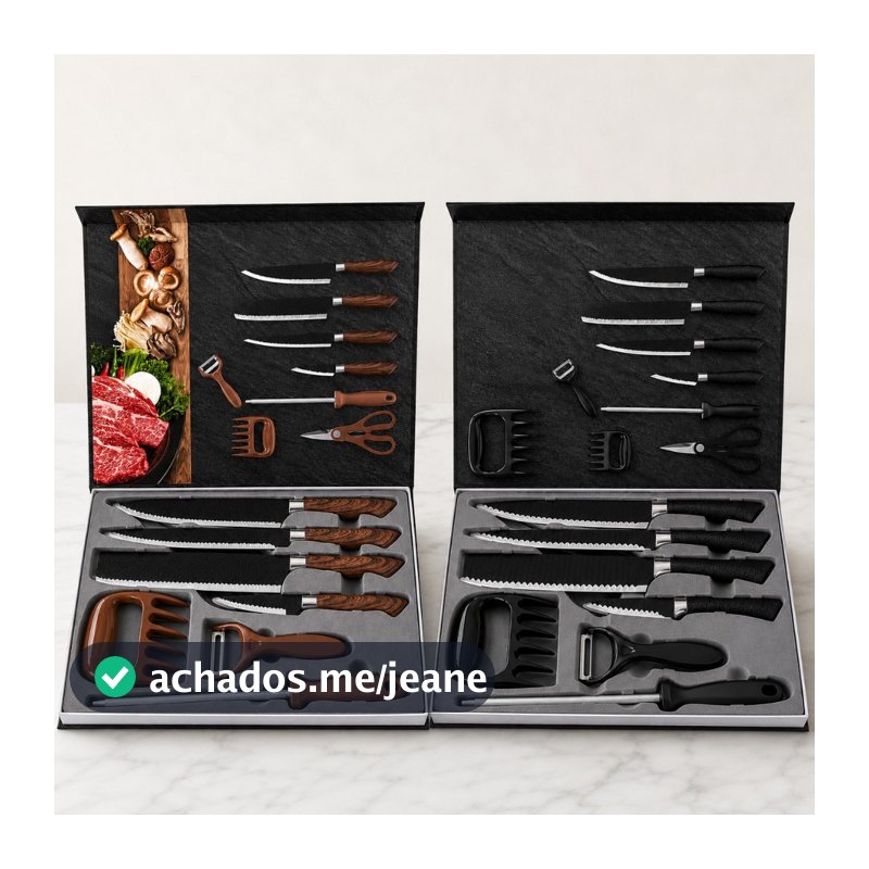 Kit Churrasco 8 Peças em Aço Inox | Jogo de Facas para Cozinha | Preto e Marrom