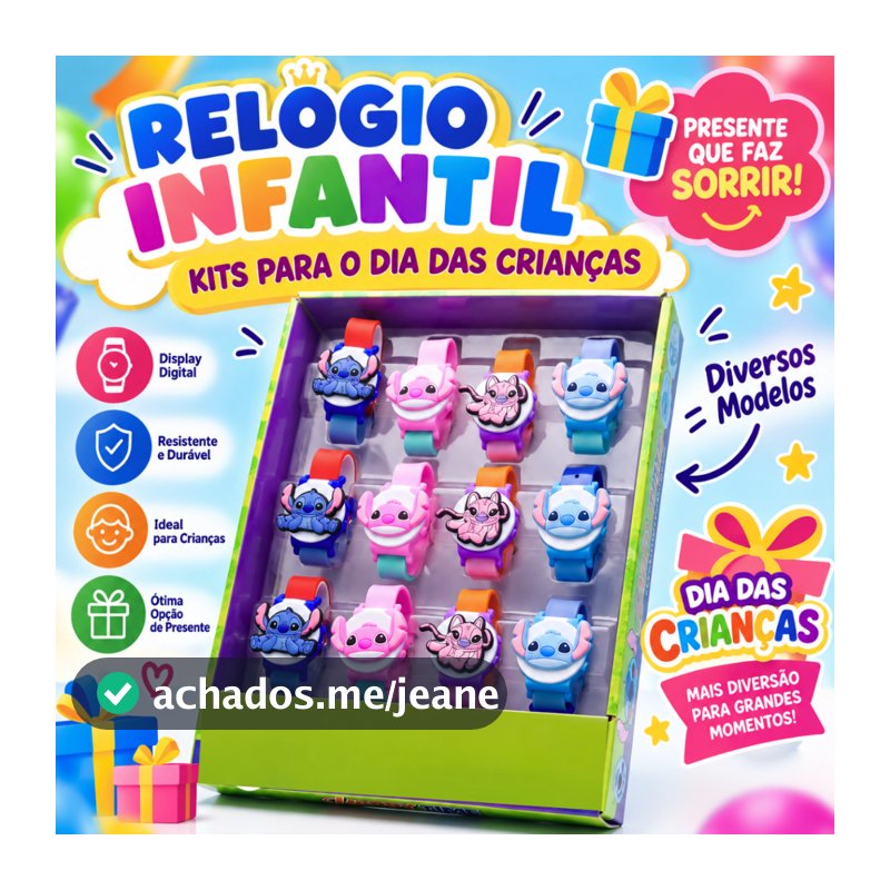 Relógio Digital Infantil Stitch e Angel com Pulseira de Silicone Colorida Kit Stitich Dia Das Crianças Angel Stiti