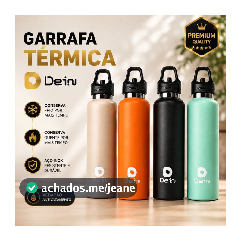 Garrafa Térmica Dein Inox 480ml/700ml com Tampa Click, Cores Foscas, Portátil, Sem Vazamento