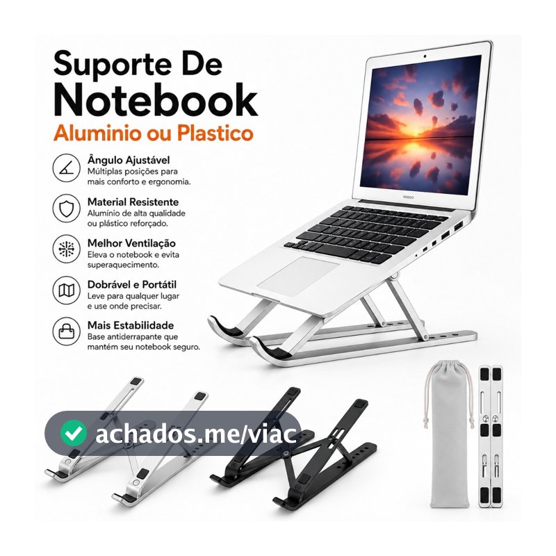 Suporte Para Notebook Base Dobrável de Alumínio Ou Plastico Ergonômico Ajustável Portátil Com Estojo