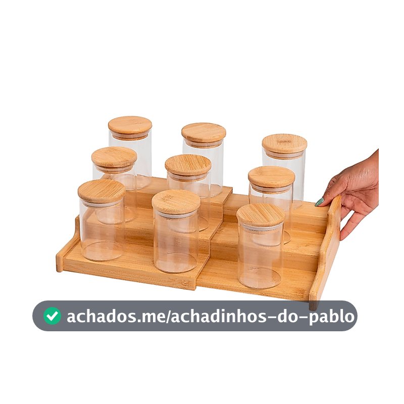 Kit 9 Potes 250ml Tampa Bambu E Rack Organizador Bambu Oikos