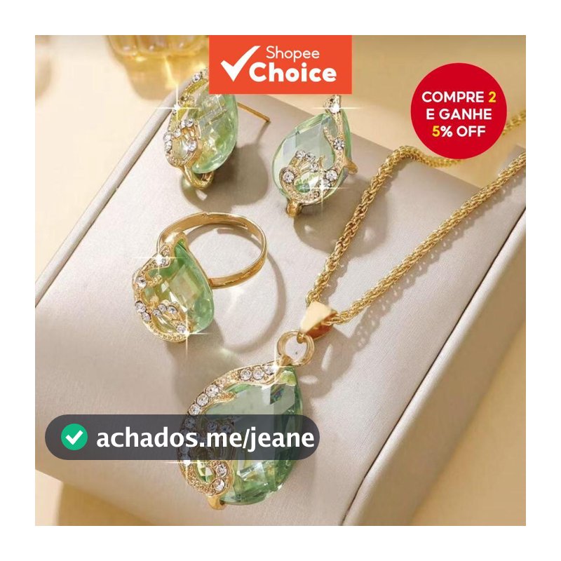 Conjunto de Joias de Cristal Elegante Verde – Colar, Brincos e Anel Banhados a Ouro