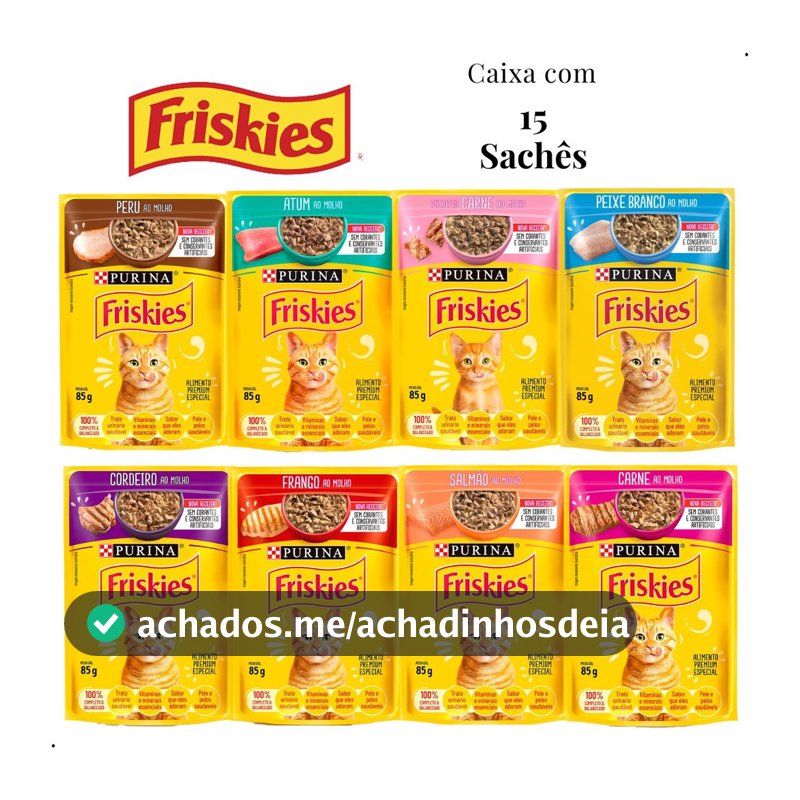 Kit 15 unid Sachê Friskies Alimento Úmido Gatos Carne Frango Atum Peixe Branco Cordeiro Salmão Peru