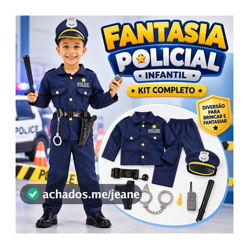 Linda Fantasia Policial Infantil Completa – Calça, Blusa, Cap e Acessórios para Brincar de Proteger!
