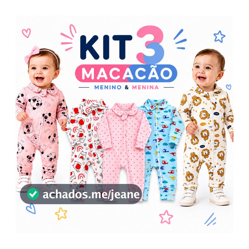 Kit 3 Macacão Longo Para Bebê Estampado C/Zíper 100% Algodão Menino Menina RN P M G