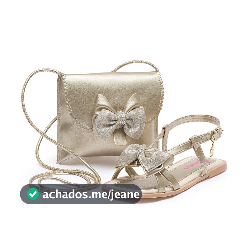 Kit Sandália Rasteirinha Infantil Feminina com Bolsa Dourado Laço Brilho BB&Kids