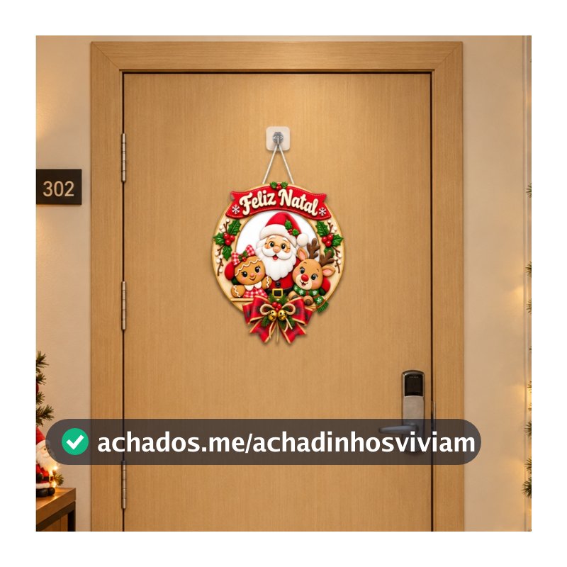 Placa Enfeite Porta Guirlanda Decorativa MDF Adesivado Natal Papai Noel Presépio 25cm