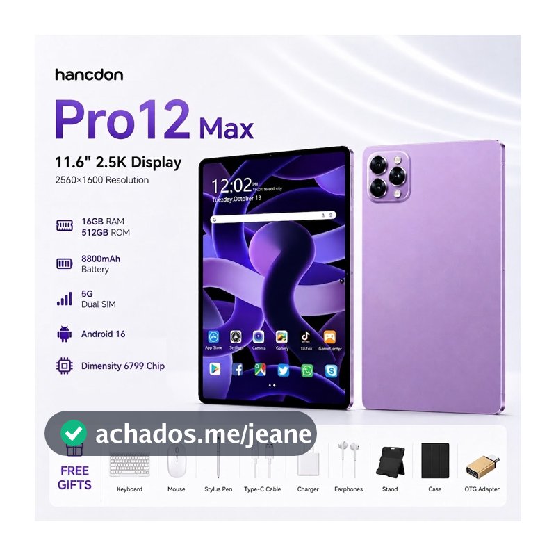 Hancdon Tablet Pro12 Max | 16GB+512GB | Android 15 | Tela FHD 11.6" | 8800mAh  4G/5G LTE 【Envio em até 24 horas】
