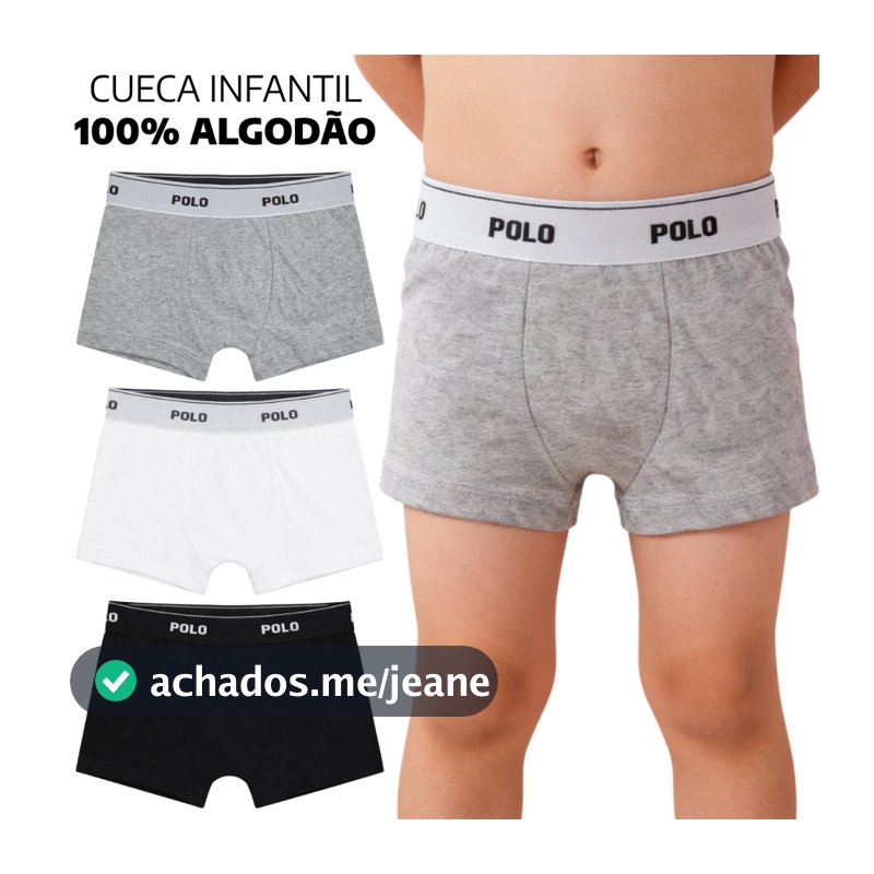 Kit 3 Cuecas Boxer Polo Cotton Infantil 100% Algodão Forro Duplo Confortável