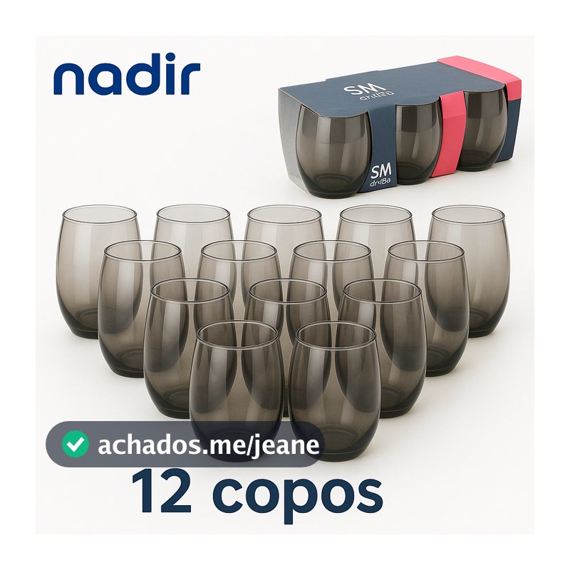 Jogo Copos Aruba Vidro Fumê e Cristal Multiuso Luxo 465ml Cinza 6 ou 12un Nadir Figueiredo