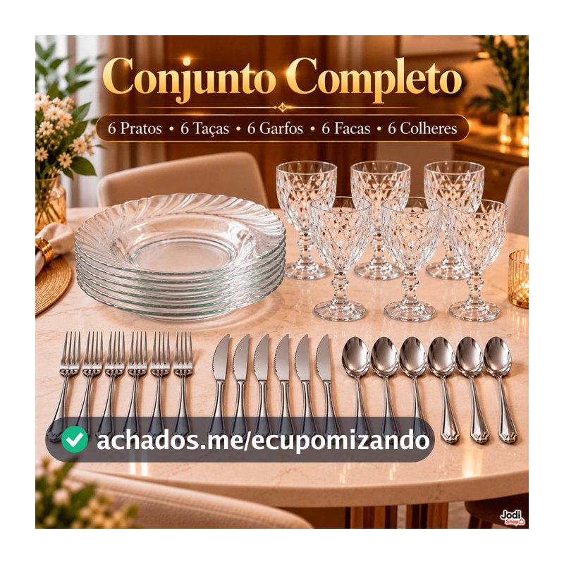 Jogo de Jantar 30 Peças com 6 Pratos, 6 Taças e 18 Talheres para Mesa Posta