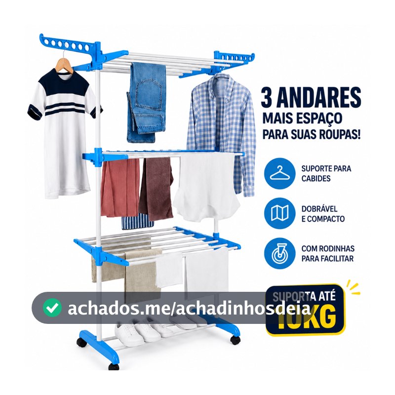Varal De Chão Torre 3 Andares Dobrável, Suporte para Cabides, com Rodinhas