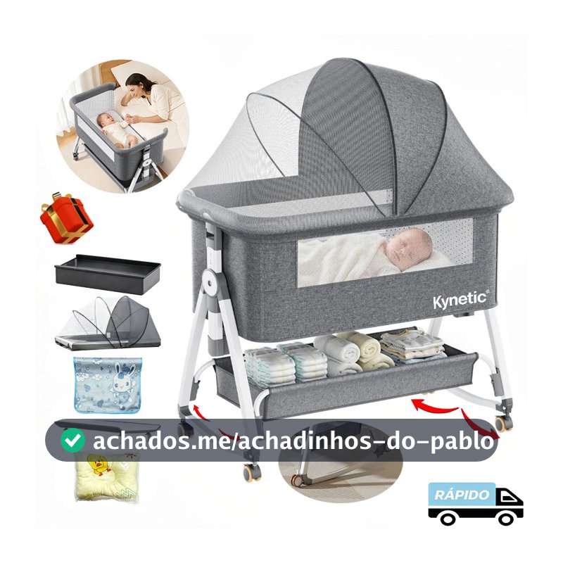 Kynetic Berço Portátil Moises Com Balanço Mosquiteiro e Cesto，Altura Ajustável - Cinza Aço Carbono Seguro Envio Rápido