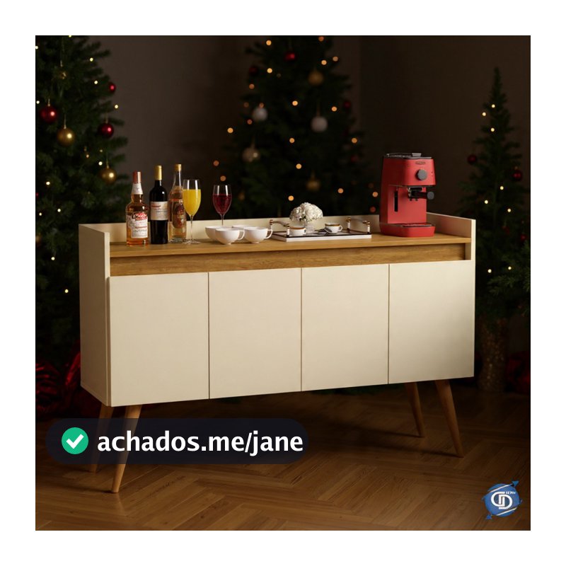 Aparador Buffet Retrô Sala Pés Palito Em Madeira Maciça  Elegance 4 Portas Prateleira Interna