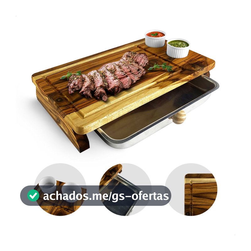 Tábua de Churrasco Inteligente para Cortar Carne com Bandeja e 2 Ramekins 39 x 23 cm
