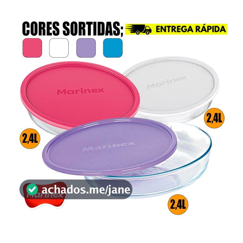 Kit Jogo de Assadeiras de Vidro Anti Risco 2,4L Marinex 02 Tigelas Redondas cTampa Colorida Receitas