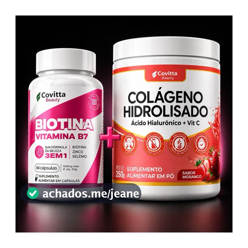 KIT Biotina + Colágeno Hidrolisado Morango | Cabelo Forte • Unhas Resistentes • Pele Firme |Covitta