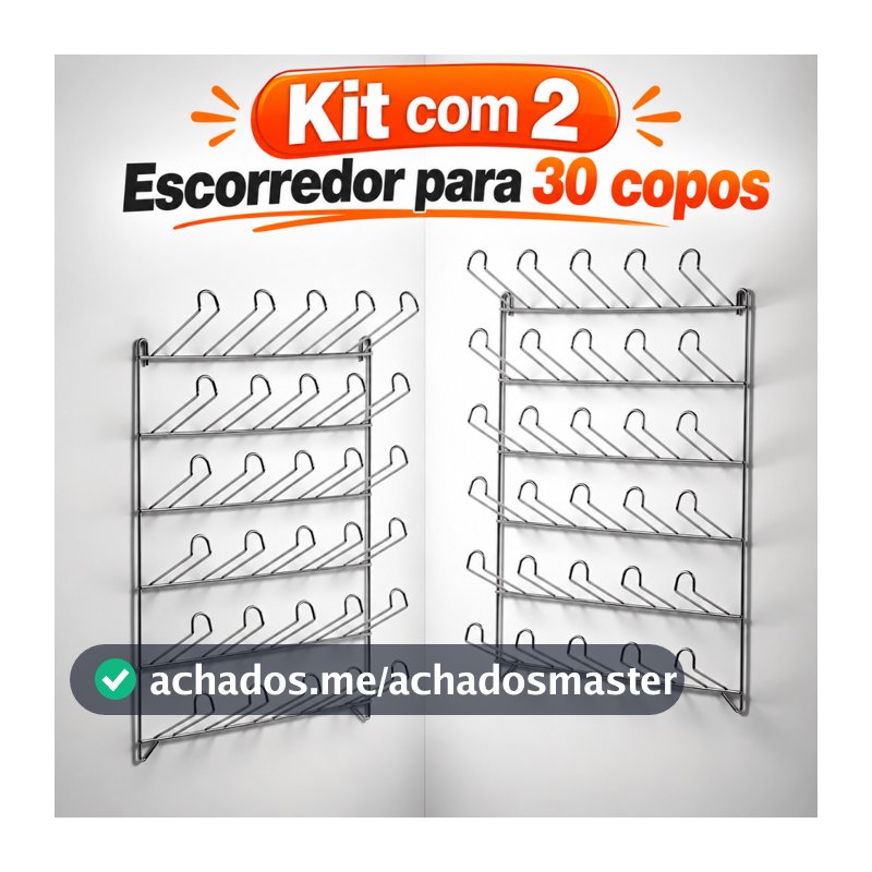 Kit 2 Suporte Escorredor Porta Copos de Parede para 30 Lugares em Aço Cromado Resistente para Bar Restaurante Águia FULL