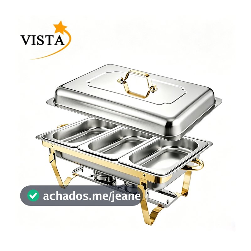Rechaud Profissional em Inox com Borda Dourada 12L - 1, 2 ou 3 Divisórias para Buffet, Festas e Eventos VISTA