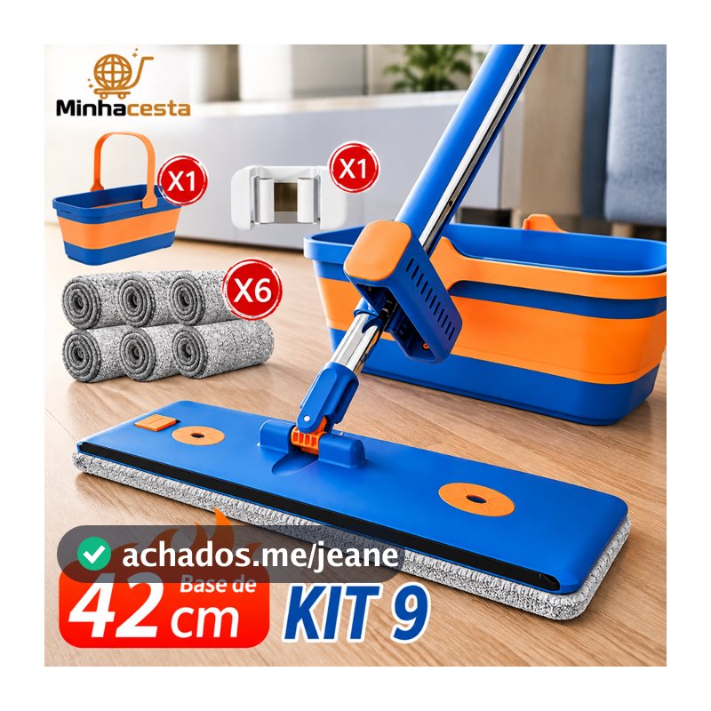 KIT 9 Esfregões Milagrosos Limpa Seco e Úmido sem Enxague Balde com Raspador Dobrável e Super Absorvente -S10