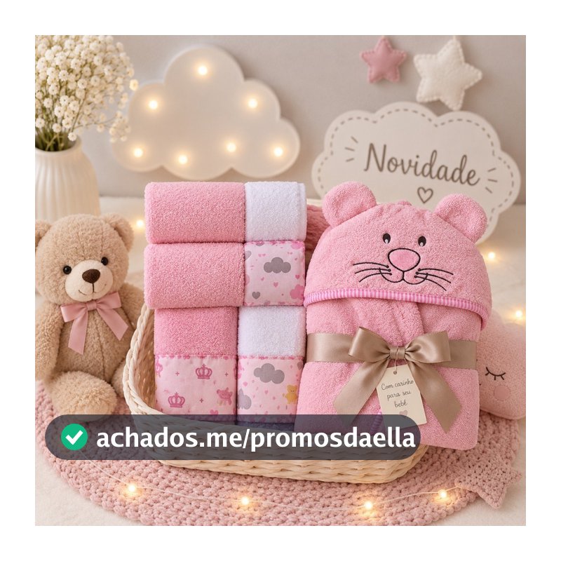 Kit Enxoval Bebê Toalha com Capuz Bordado + 5 Toalhinhas Boca Ombro Felpudas