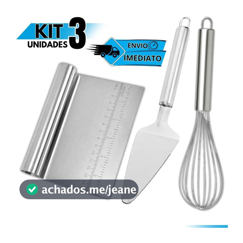 Kit Confeiteiro 3 Peças: Fouet Inox + Espátula Bolo + Raspador Cortador de Massa Cozinha
