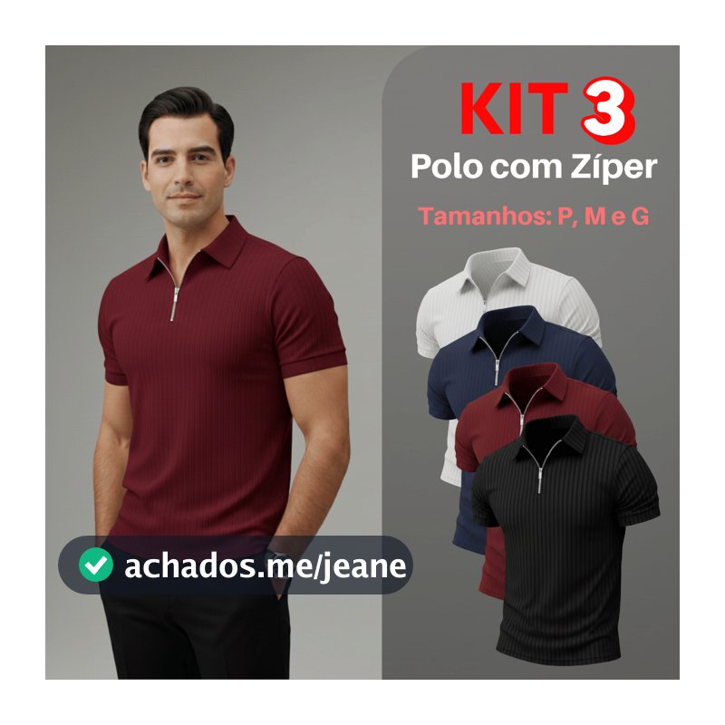 Kit 3 Camiseta Polo Com Ziper Manga Curta Masculina Camisa Básica Malha Canelada