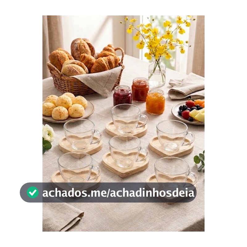 Jogo 6 Xícaras de Café de Vidro 220ml com 6 Pires de Madeira Pinus Coração Kit 12 Peças